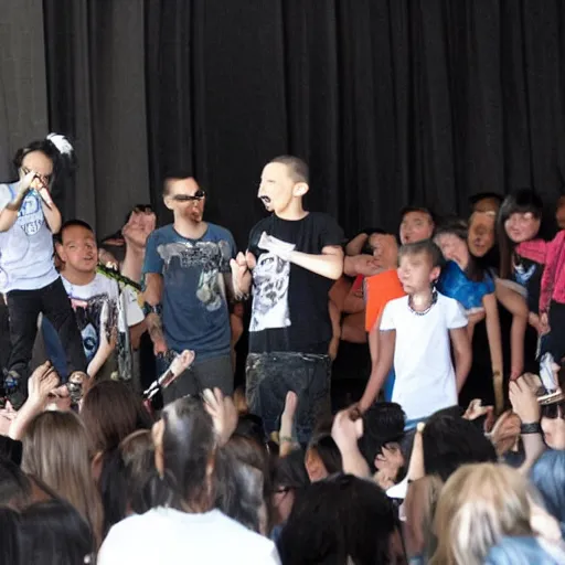 Image similar to Linkin Park Performing at a child's birthday party with children in the audience. Chester Bennington screams into the microphone, photograph