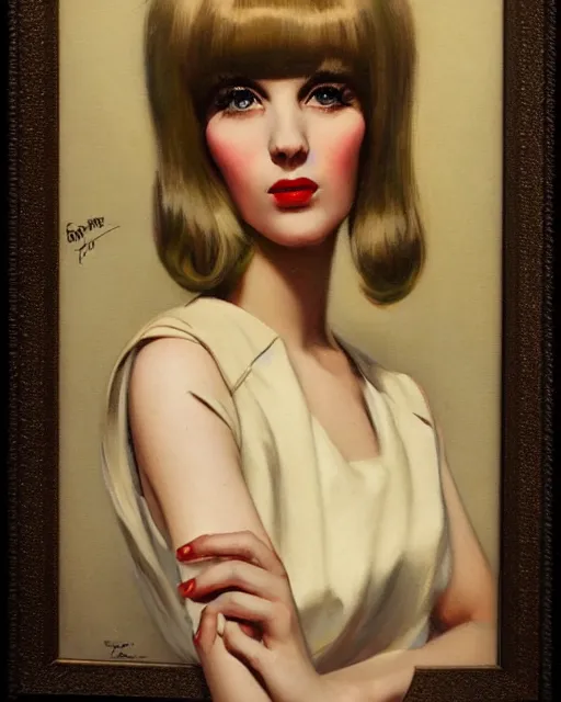 Image similar to portrait 1 9 6 0 s elegant blonde beautiful mod girl, long straight 6 0 s hair with bangs, groovy, by brom, tom bagshaw, sargent