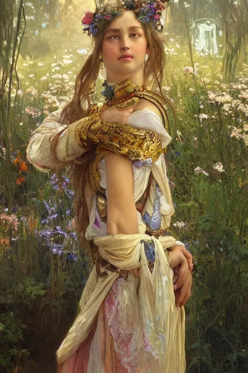 Image similar to hyperrealist portrait of a girl emperorit is decorated with long robes that fall like stars, an ostentatious palace and garden are seen in the background. by jeremy mann and alphonse mucha, fantasy art, photo realistic, dynamic lighting, artstation, poster, volumetric lighting, very detailed faces, 4 k, award winning