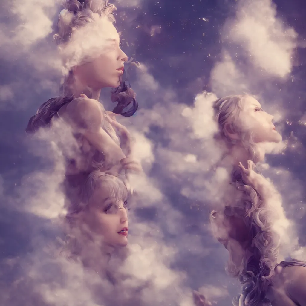 Prompt: beautiful girl in full gown blowing clouds, beautiful portrait, character concept style trending on artstation concept art detailed octane render cinematic photo - realistic 8 k high detailed