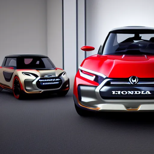 Image similar to high quality photo of new honda e mini concept car in showroom, cinematic lighting ,unreal engine, low DoF,