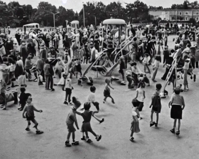 Image similar to an old photo of a crowded playground from the 1 9 5 0 s with slenderman in the background