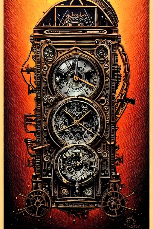 Image similar to ornate steampunk time machine, high details, intricately detailed, by vincent di fate, inking, lineart, 3 color screen print, masterpiece, trending on artstation,, sharp, details, hyper - detailed, hd, 4 k, 8 k