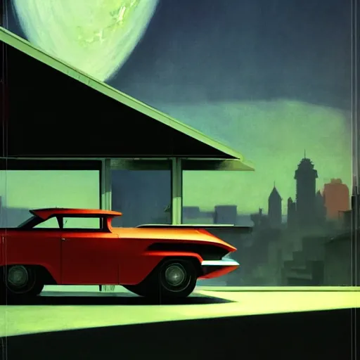 Image similar to a cinematic matte painting of a boxy 1 9 6 0 s retro - futurism sci - fi car with solar panels on roof and doors in a cluttered garage in mumbai. by edward hopper, glennray tutor and greg rutkowski. trending on artstation.