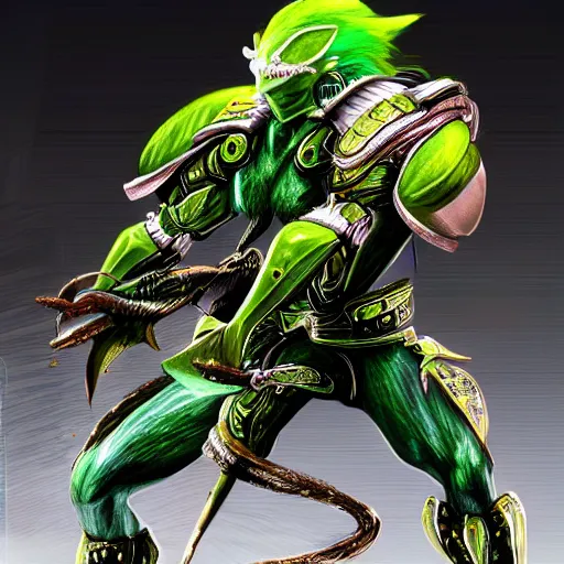 Image similar to a green yoshimitsu from the future, hyperrealistic