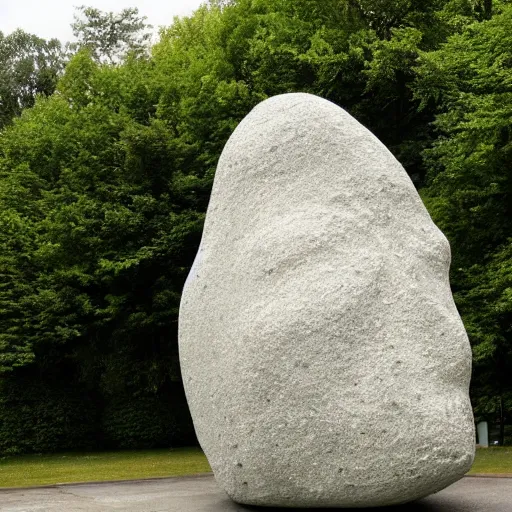 Image similar to by cerith wyn evans placid. a computer art of a large granite boulder carved to resemble a human face. the nose is slightly upturned, & the eyes & mouth are closed.