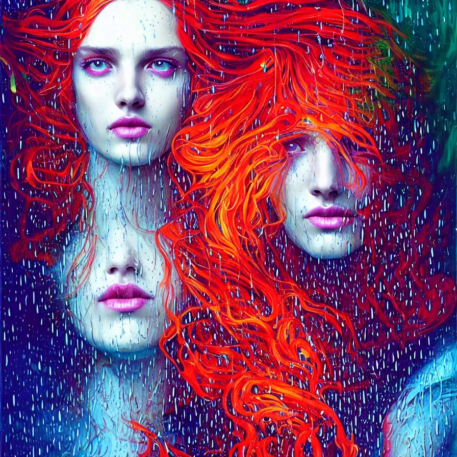 Image similar to bright asthetic portrait of LSD in rain with wet hair and face, liquid, fantasy, intricate, elegant, dramatic lighting, highly detailed, lifelike, photorealistic, digital painting, artstation, illustration, concept art, smooth, sharp focus, art by John Collier and Albert Aublet and Krenz Cushart and Artem Demura and Alphonse Mucha