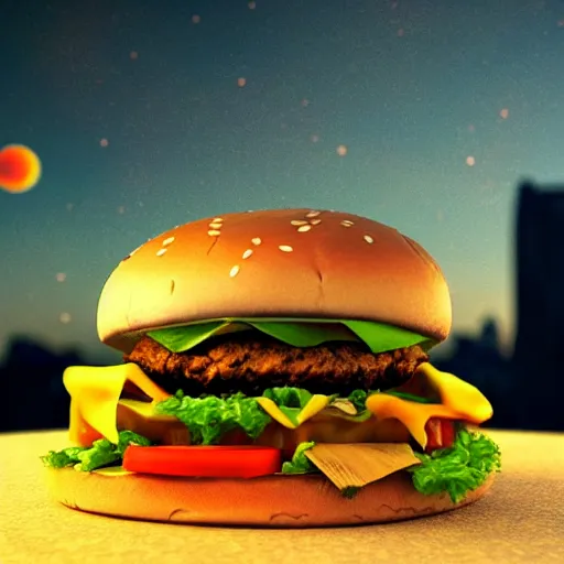 Prompt: phoenix eating a burger in the night sky, octane 3 d render