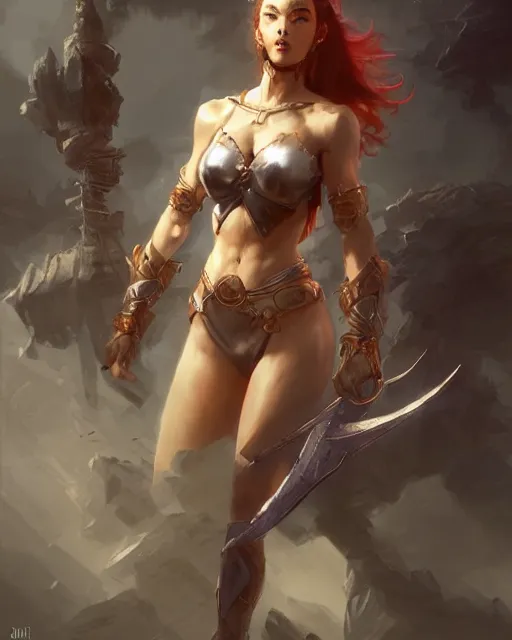 Image similar to beautiful female warrior by stanley artgerm lau, wlop, rossdraws, frank frazetta, andrei riabovitchev, marc simonetti, tranding on artstation