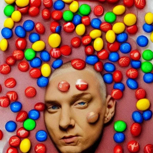 Image similar to eminem's face made of m & ms candy