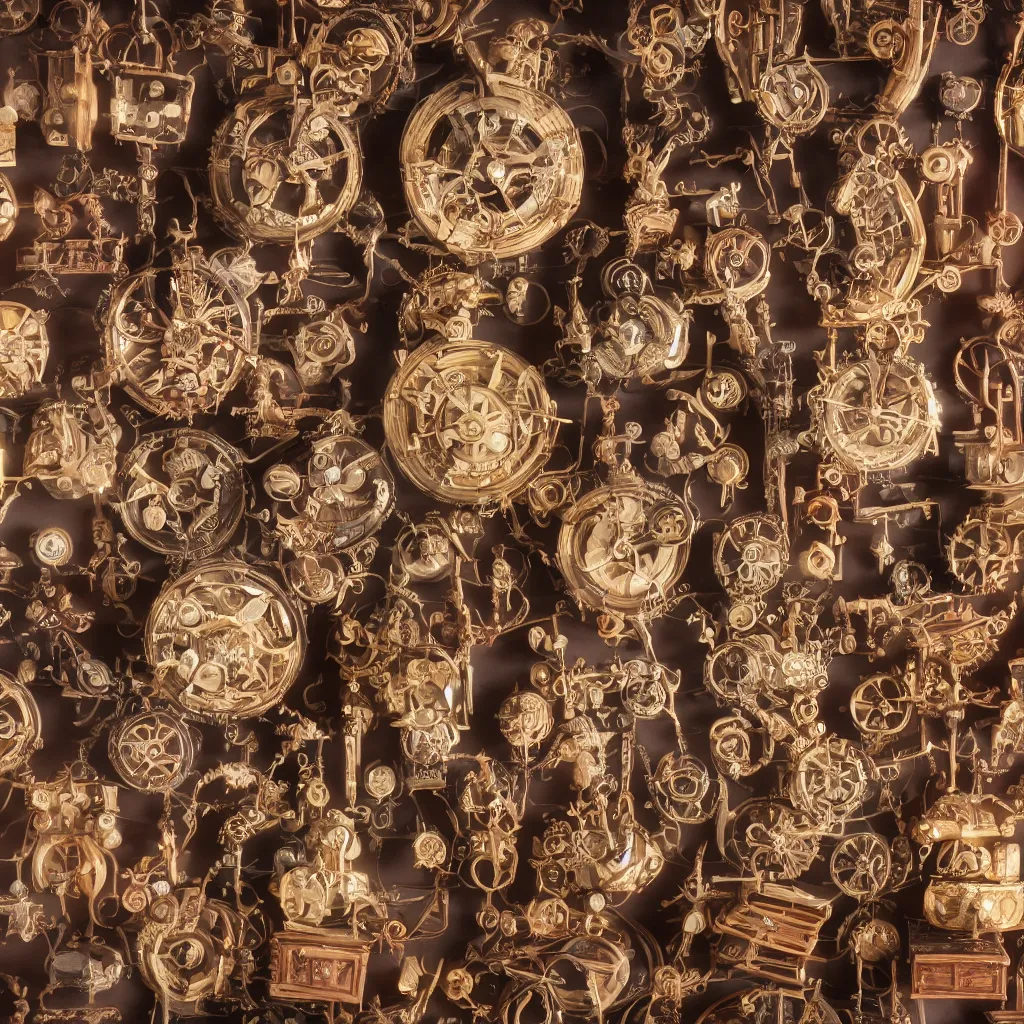 Image similar to a collection of victorian automatons, inside different color wooden boxes. top down photo, close macro photo. cinema 4d render , studio photo, 8k