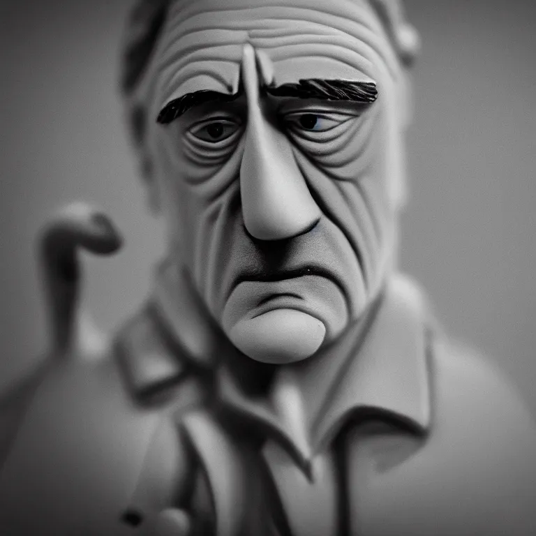 Image similar to a cinematic film still of a claymation stop motion film starring robert de niro, portrait, shallow depth of field, 8 0 mm, f 1. 8