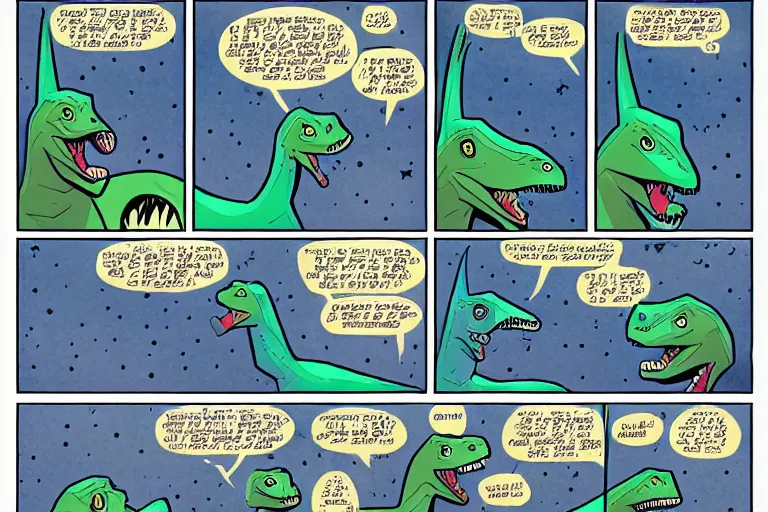 Image similar to a comic page with two dinosaurs speaking about asteroids