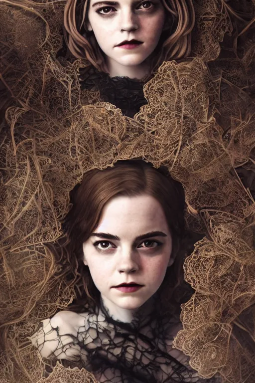 Prompt: a mix of of emma watson, anya taylor - joy and emma stone, evil sorceress witch, victorian manor house, hyperrealism, octane render, extremely detailed, intricate smoke magic, lace, style of mark ryden, earl nore, hyung tae, frank frazetta