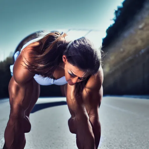 Image similar to car, bodybuilder, woman, holding, road, photo, digital art, hands, underbody, tire, standing