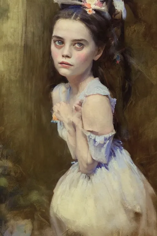 Image similar to Richard Schmid and Jeremy Lipking and Antonio Rotta full length portrait painting of a young beautiful traditonal alice from Alice in Wonderland