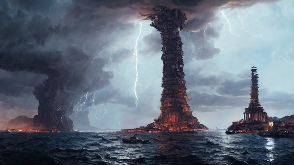 Prompt: the colossus of rhodes breaking apart during a thunderstorm ,Wadim Kashin, behance, 8k featured in artstation, octane render, cinematic, elegant