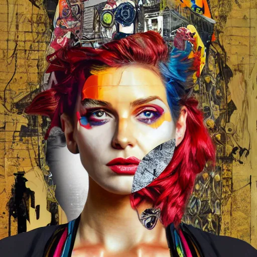 Prompt: Roman Goddess, contemporary collage, highly detailed, digital painting, 4k, HDR, punk, fashion, smooth, sharp focus, art by Sandra Chevrier and John Hoyland