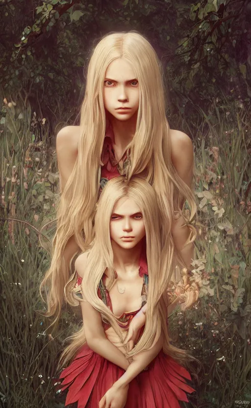 Prompt: full body shot of a young girl with blond twin tail hair and red eyes, ultra realistic, concept art, intricate details, eerie, highly detailed, photorealistic, octane render, 8 k, unreal engine, art by artgerm and greg rutkowski and alphonse mucha