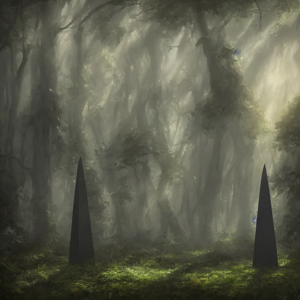 Prompt: a black obelisk covered in foliage deep in a mystical grove, god rays, warm natural lighting, trending on artstation, 4k, award-winning fantasy art, beautiful somber melancholic atmosphere,