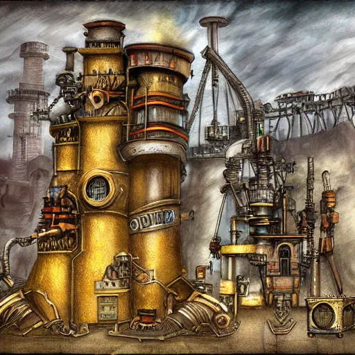 Image similar to steampunk fantasy city built into the side of a mountain, in three levels. the ground level is an industrial area with smokestacks and factories. the upper levels are residential. digital painting