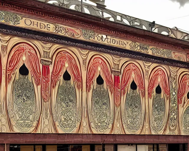 Image similar to photo of an outdoor mural of an opera house from the early 1 9 0 0 s in the style of art nouveau, red curtains, art nouveau design elements, art nouveau ornament, opera house architectural elements, painted on a brick wall, outdoor mural, mucha, masonic symbols, masonic lodge