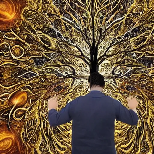 Image similar to a human man standing next to a cosmic tree, a sense of awe, amazement, monogon, plasma display, damascus, multiscopy, morph, in a symbolic and meaningful style, insanely detailed and intricate, hypermaximalist, elegant, ornate, hyper realistic, super detailede