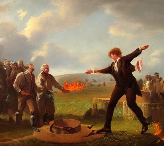 Image similar to landscape portrait of tyler childers throwing his money on a funeral pyre by william sidney mount, trending on artstation