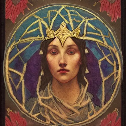Image similar to the lantern crown, by Annie Swynnerton!!!! and Nicholas Roerich and (Edmund Dulac), embroidered brocade, tattoos, elaborate costume, geometric ornament, symbolist, rich colors, dramatic lighting, smooth, sharp focus, extremely detailed