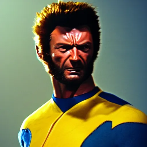 Image similar to 8 0 s, vhs, vintage movie, clint eastwood as wolverine in blue and yellow costume, octane render, beautiful composition, trending on artstation, award - winning photograph, masterpiece