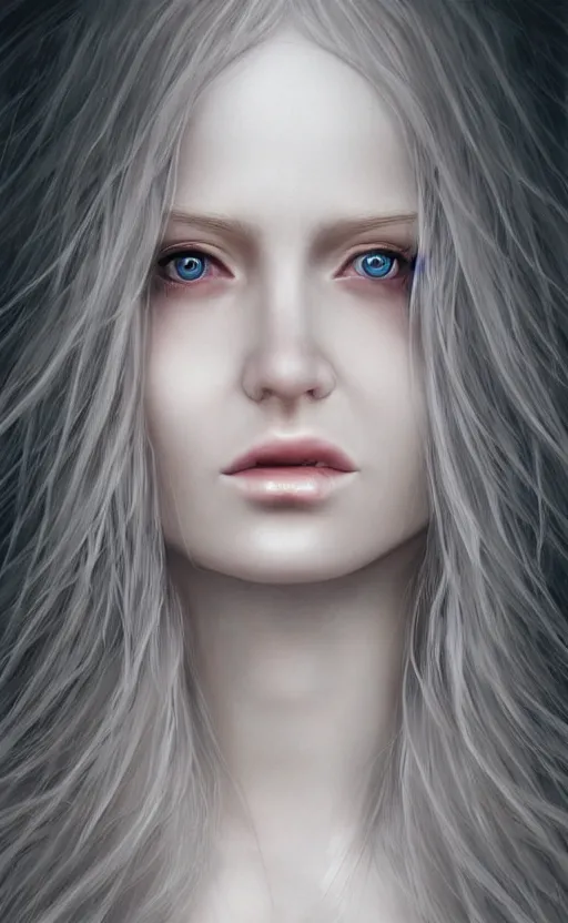 Image similar to a beautiful woman glossy porcelain skin albino, 8 k, sensual, hyperrealistic, hyperdetailed, beautiful face symmetrical, long white hair windy, dark fantasy, fantasy portrait by laura sava