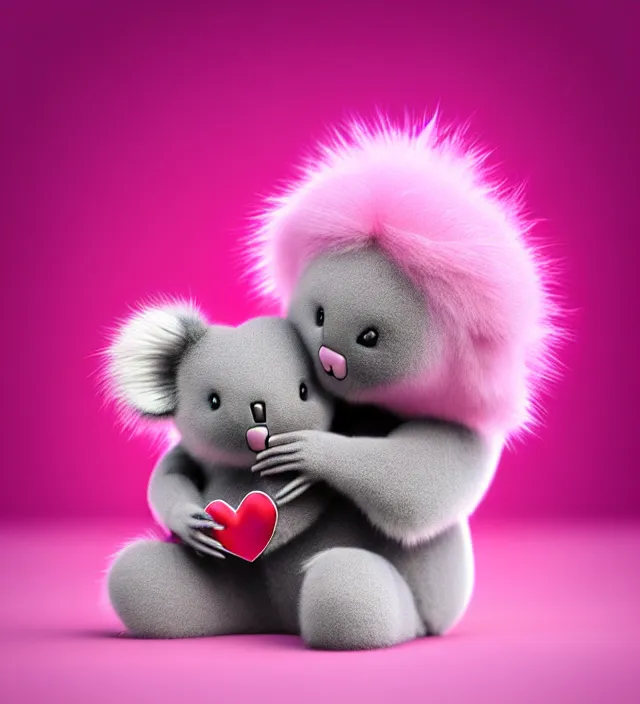 Image similar to high quality 3 d render hyperrealistic very cute small pink koala holding red heart, fog, steam, smoke, plush mascot, short spiky dense fluffy smooth hair, photo from the side, pink fluffy fur, 1 5 0 mm, beautiful natural soft light, rim light, smooth background, artstation, ultra detailed, elegant, ultra detailed, metallic armor, octane render