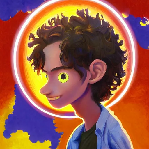 Image similar to a skinny young man at school with wavy hair and glowing orange eyes as a super hero, pixar cute, highly detailed, sharp focus, neon color, digital painting, floating particles, artwork by Jeremiah Ketner + Mati Klarwein + Fintan Magee + Chris Mars, background artwork by greg rutkowski