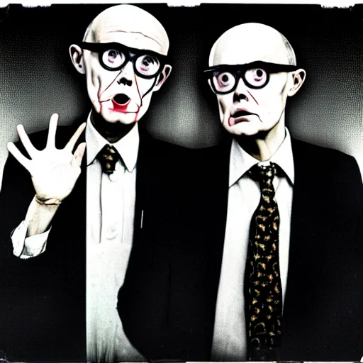 Prompt: stereoscopic image of gilbert and george being possessed by the ghost of alan turing, chromatic aberration, noise, butcher billy style