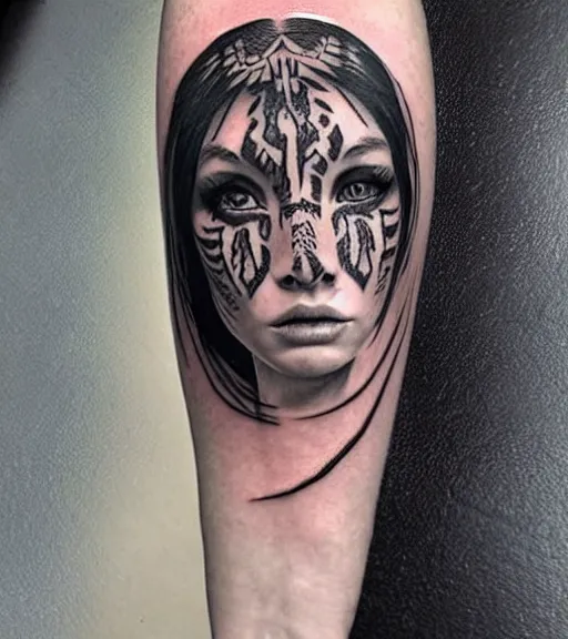 Image similar to tattoo design of a beautiful girl warrior under a tiger head, hyper realistic, realism tattoo, by eliot kohek, beautiful eyes, realistic face, black and white, white background