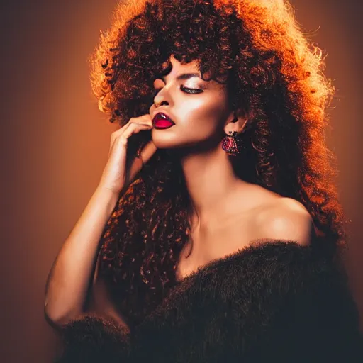 Image similar to sultry model with a curly afro, cinematic pose, intricate hair details, jewellery, big hooped earrings, long nails, off the shoulder shirt, soulful, pouty lips, real life details, soft shadows, sharp focus, volumetric lights, rim light, model, beautiful, gorgeous