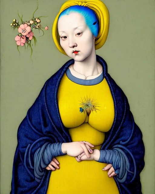 Image similar to portrait of a curvy woman with blue hair buns, wearing a yellow hoodie, standing in a botanical garden, intricate details, high detail, in the style of rogier van der weyden and jacopo da pontormo, by mark ryden, punk, asian art,