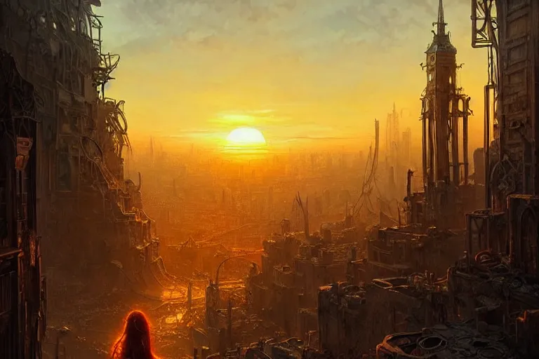 Prompt: sunset over a post apocalyptic city, fantasy, intricate, elegant, dramatic lighting, highly detailed, lifelike, photorealistic, digital painting, artstation, concept art, smooth, sharp focus, illustration, art by john collier and albert aublet and krenz cushart and artem demura and alphonse mucha