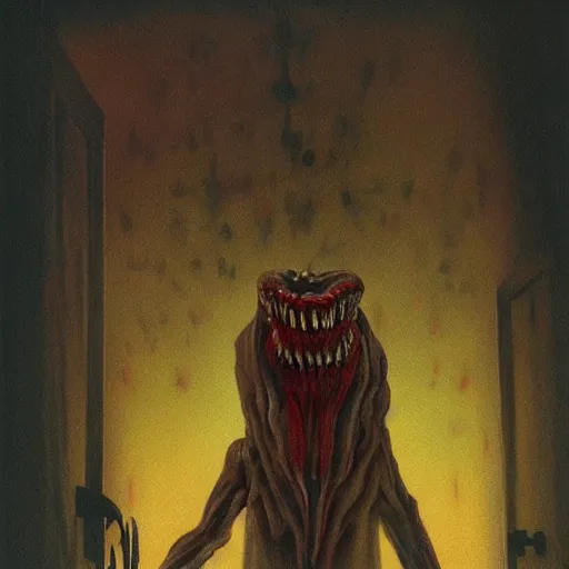 Prompt: scary painting of the horrific tall man with a big mouth full of teeth, exiting from a wardrobe, lightning from a window at the moonlight, bedroom, horror, spooky, paranormal monster, mystery, photorealism, dramatic lighting, by wayne barlowe, children's book, illustration, trending on artstation