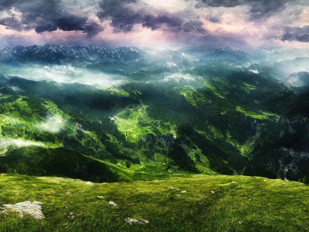 Prompt: realistic view from a mountaintop, high mountains, green meadow, alps, pyranees, digital painting, wallpaper, realistic lightning