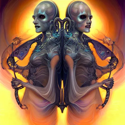 Image similar to a portrait of gemini light and dark neon grim reaper character portrait made of fractals facing each other, ultra realistic, wide angle, intricate details, the fifth element artifacts, highly detailed by peter mohrbacher, hajime sorayama, wayne barlowe, boris vallejo, aaron horkey, gaston bussiere, craig mullins