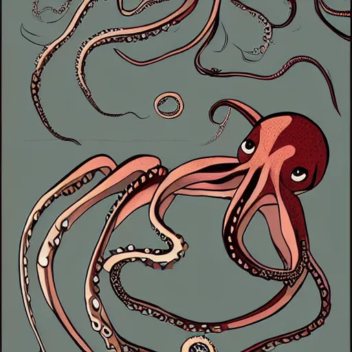 Image similar to Specualtive evolution paleoart with octopus using computer in the style of Emily Willoughby, expressive and beautiful digital art