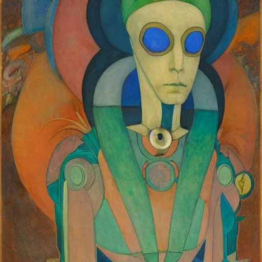 Image similar to the robot queen wearing her bird mask, by annie swynnerton and diego rivera and elihu vedder and jean delville, symbolist, dramatic lighting, elaborate geometric ornament, head and shoulders view, art brut, soft cool colors, smooth, sharp focus, extremely detailed, adolf wolfli, leo and diane dillon, nicholas roerich