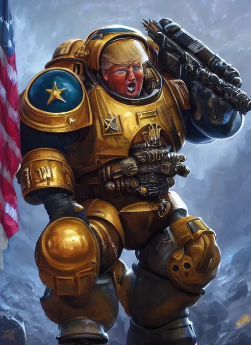 Prompt: donald trump is a space marine, hyper detailed, digital art, trending in artstation, cinematic lighting, studio quality, smooth render, unreal engine 5 rendered, octane rendered