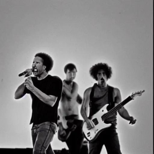 Image similar to Rage Against the Machine, live 1993, live at Lollapalooza, Tom Morello, Zack de la Rocha, VHS quality