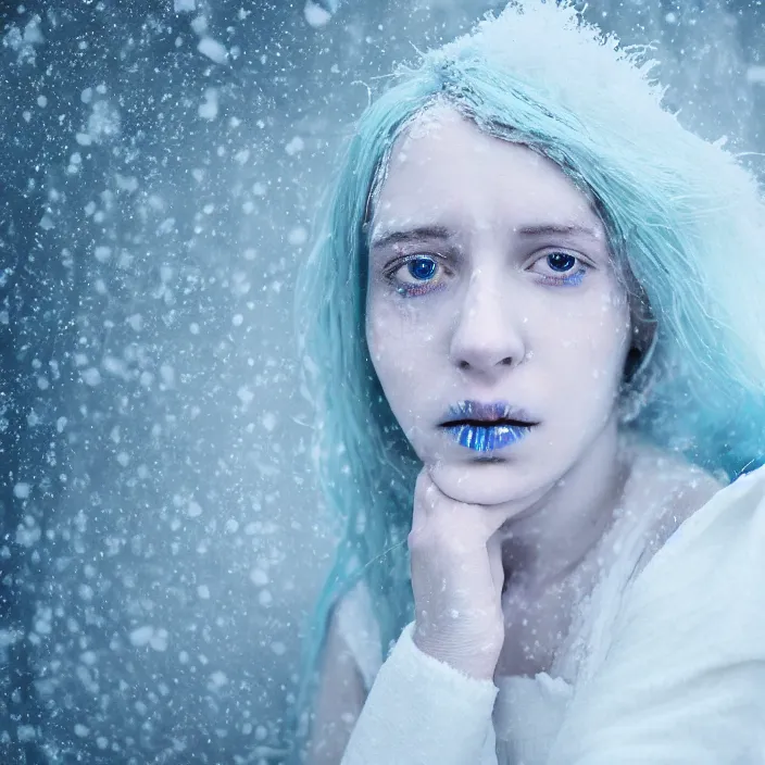 Image similar to a sickly looking young woman dying of hypothermia, with very white skin and pale blue hair wearing a long white dress made out of snowflakes in the middle of a heavy snowstorm. pale cold blue lips. full body digital portrait by maromi sagi