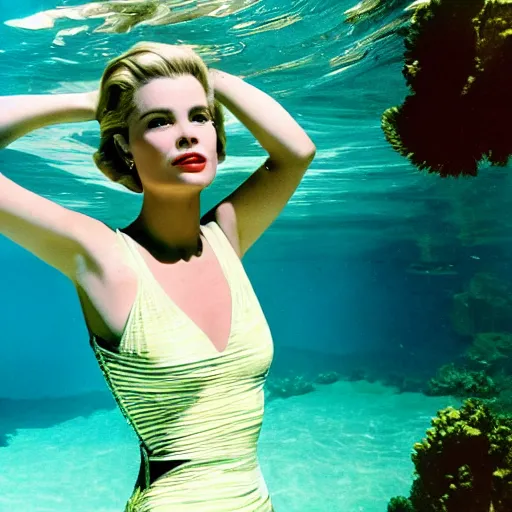 Image similar to grace kelly wearing a swimsuit, swimming underwater, underwater photography, attractive curves, beautiful face, whole body photography, 4 k cinematic photo, hyperrealistic.