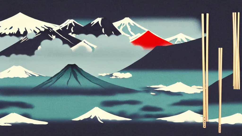 Image similar to a variety of handmade wooden chopsticks, avant - garde design, at the edge of yamanaka lake reflecting mount fuji overcast sky, a collage painting, in the style of wes anderson, lola dupre, david hockney, isolated on negative white space background dark monochrome neon spraypaint accents volumetric octane render