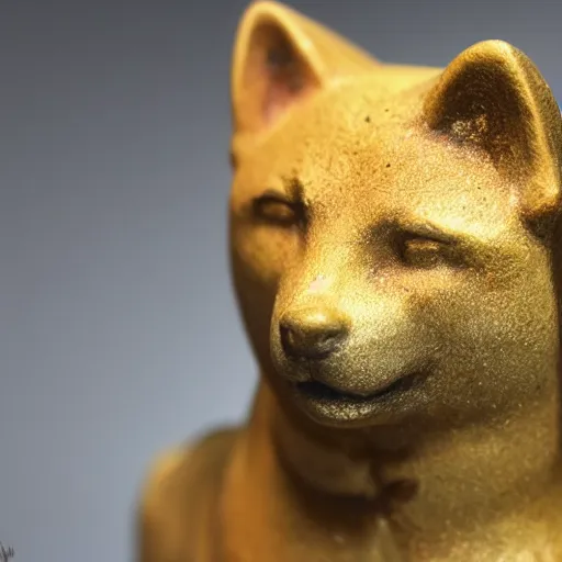 Prompt: an ancient old statuette with the face of a shiba inu, close up photo, ultra realistic, studio photo, bokeh. intricate details.