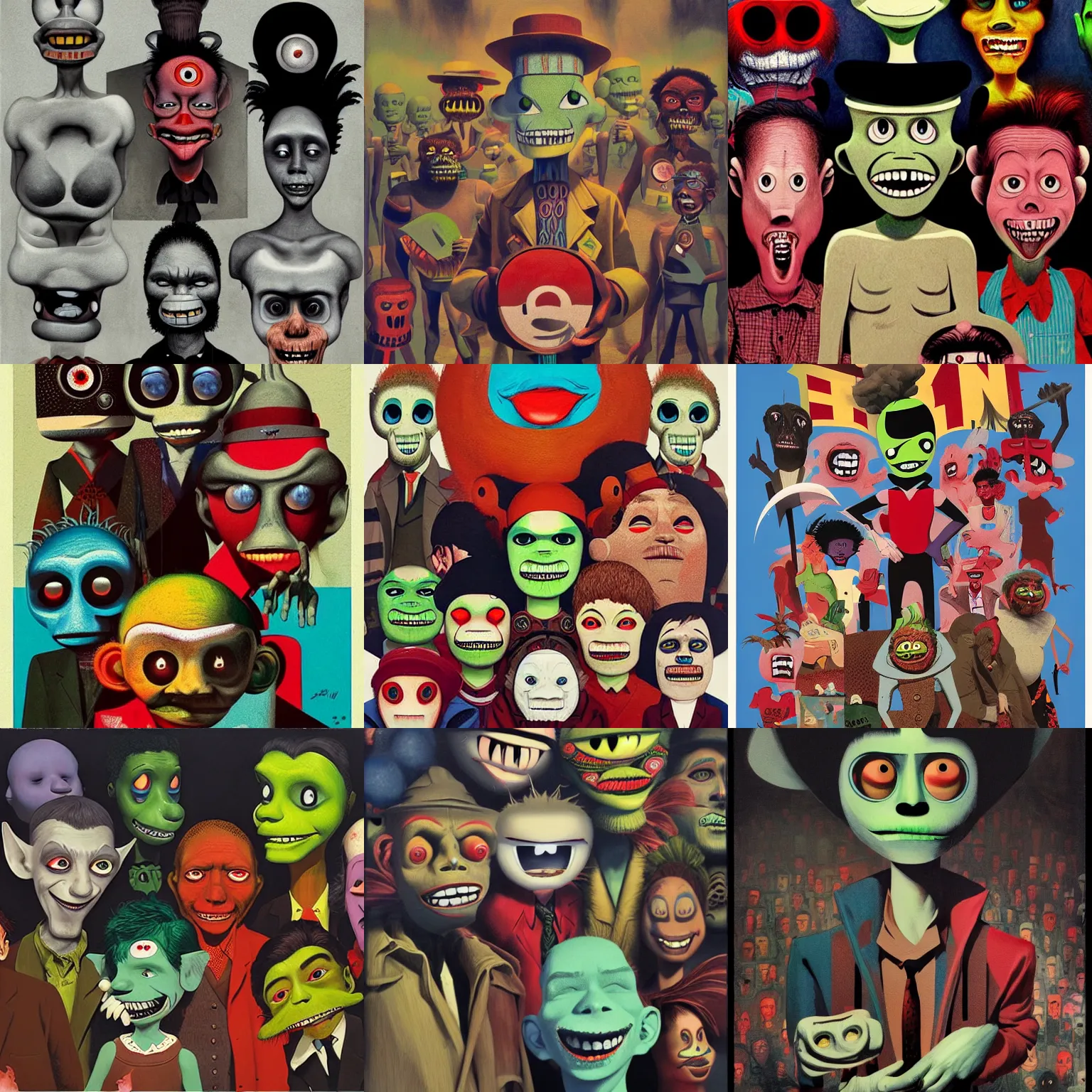 Prompt: a group of people with different colored faces, a surrealist painting by jamie hewlett, cgsociety, fantastic realism, grotesque, apocalypse art, official art